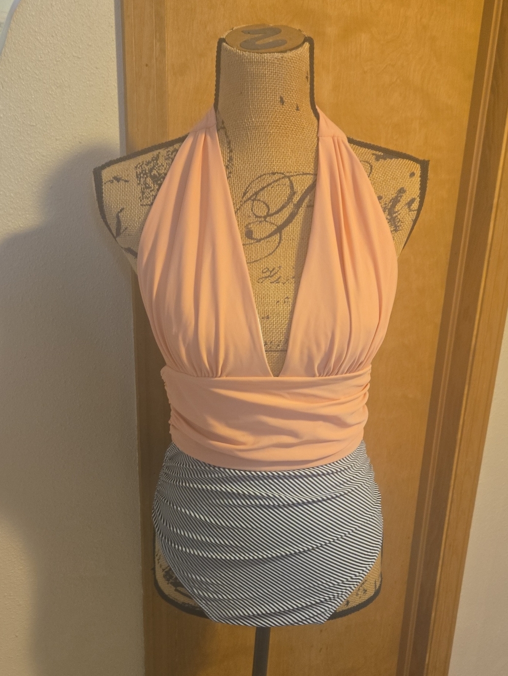 Cupshe Peach Halter One-Piece Swimsuit with Striped Bottom